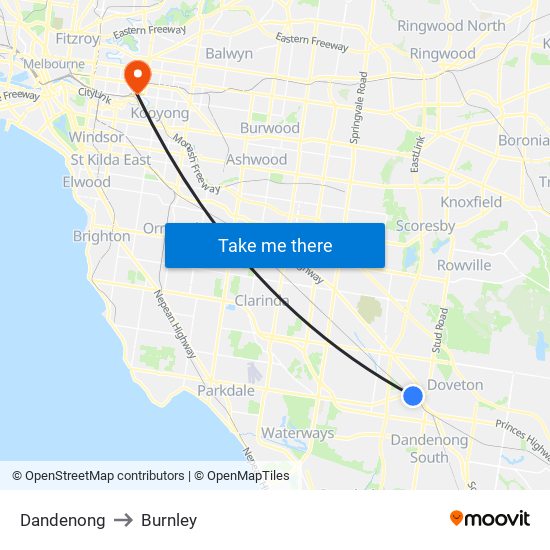 Dandenong to Burnley map