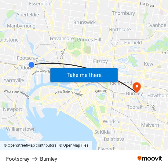 Footscray to Burnley map