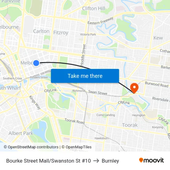 Bourke Street Mall/Swanston St #10 to Burnley map