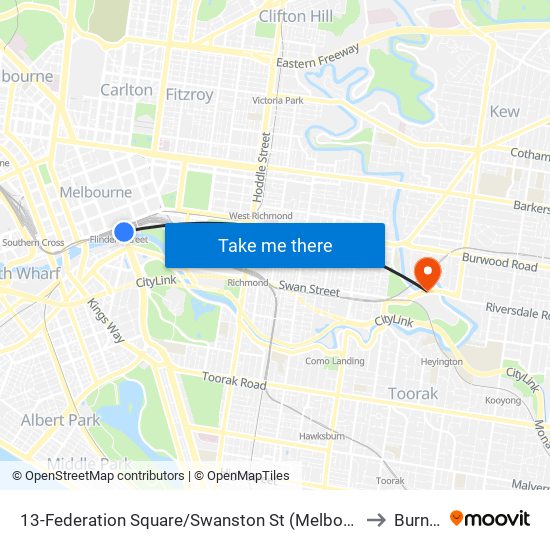 13-Federation Square/Swanston St (Melbourne City) to Burnley map