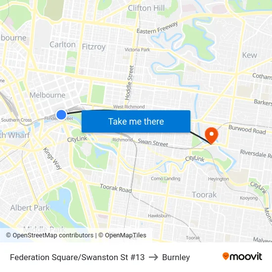 Federation Square/Swanston St #13 to Burnley map