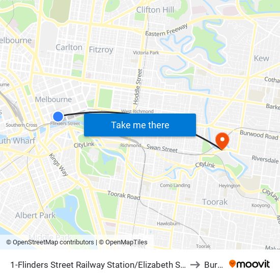 1-Flinders Street Railway Station/Elizabeth St (Melbourne City) to Burnley map