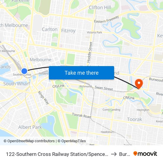 122-Southern Cross Railway Station/Spencer St (Melbourne City) to Burnley map