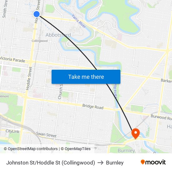 Johnston St/Hoddle St (Collingwood) to Burnley map