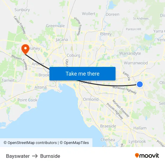 Bayswater to Burnside map