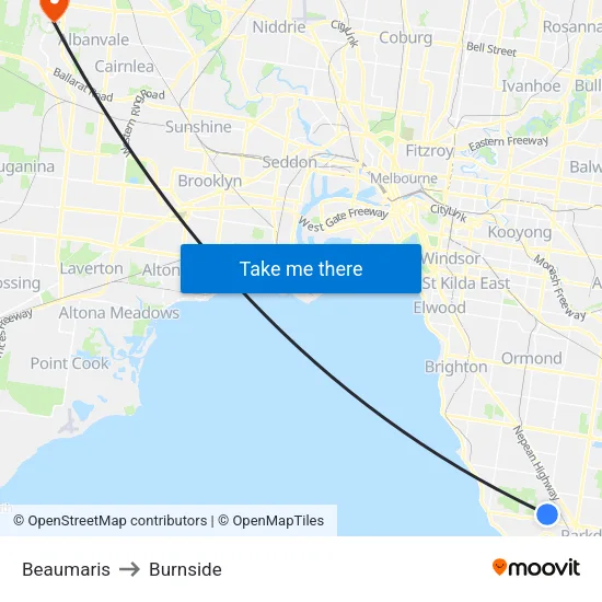 Beaumaris to Burnside map
