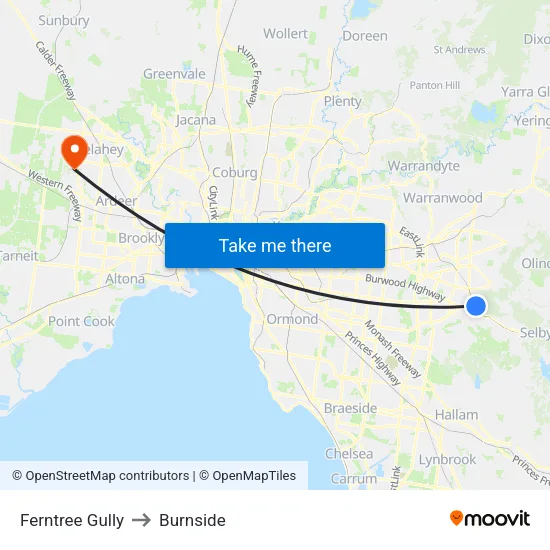 Ferntree Gully to Burnside map