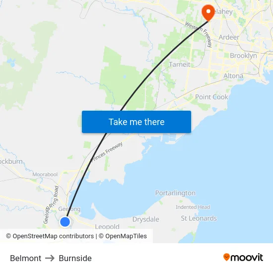 Belmont to Burnside map