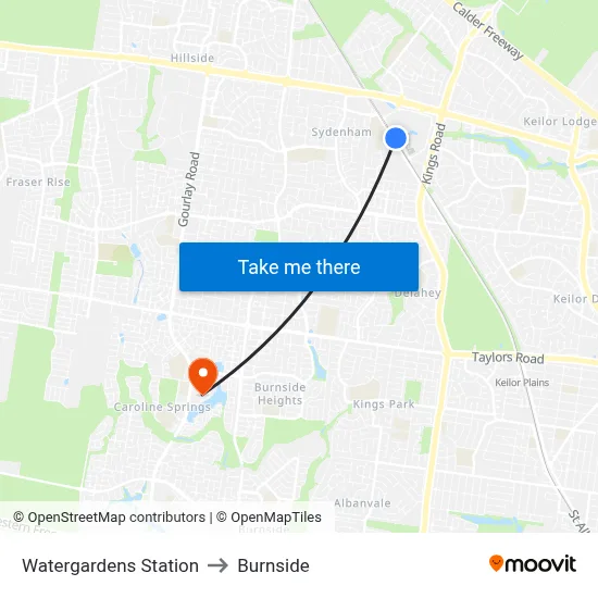 Watergardens Station to Burnside map