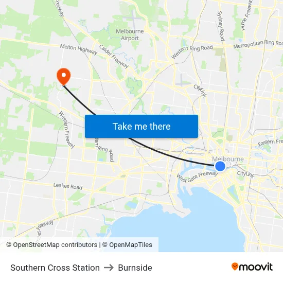Southern Cross Station to Burnside map