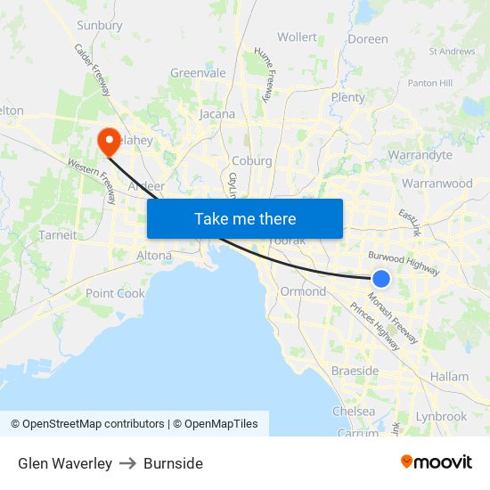 Glen Waverley to Burnside map