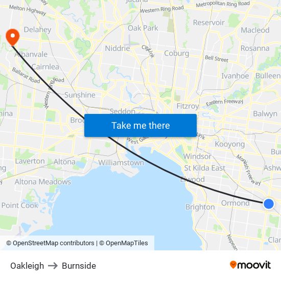 Oakleigh to Burnside map