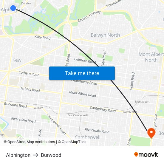 Alphington to Burwood map