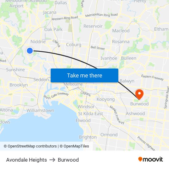 Avondale Heights to Burwood map