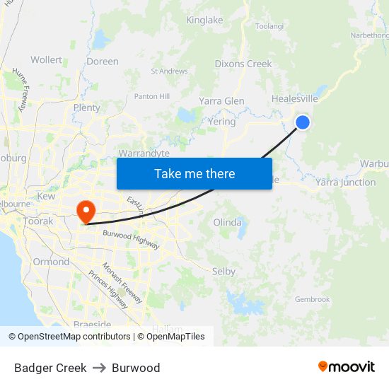 Badger Creek to Burwood map