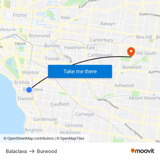 Balaclava to Burwood map