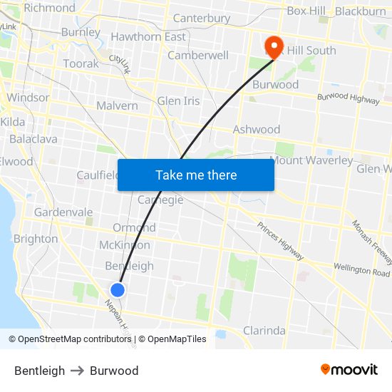 Bentleigh to Burwood map