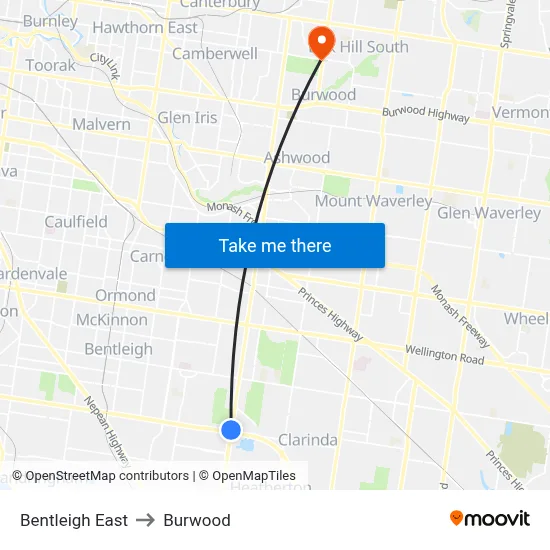 Bentleigh East to Burwood map