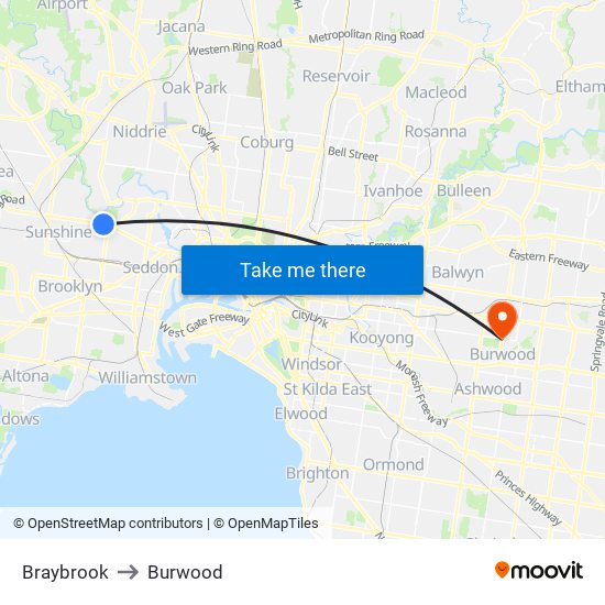 Braybrook to Burwood map