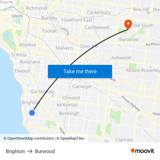 Brighton to Burwood map