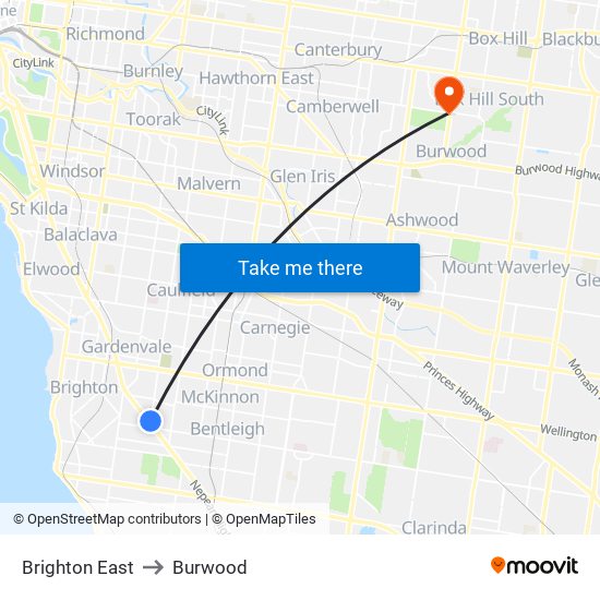 Brighton East to Burwood map