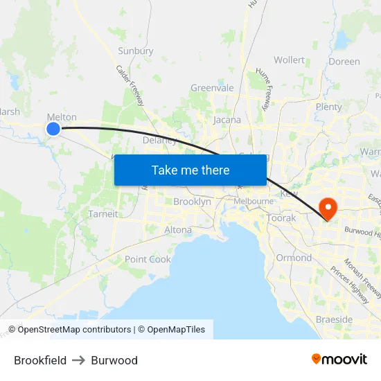 Brookfield to Burwood map