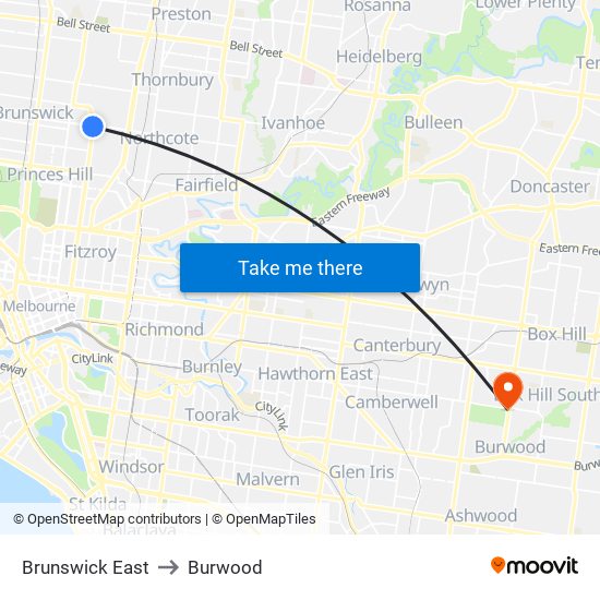 Brunswick East to Burwood map