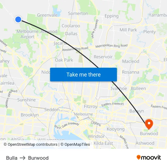 Bulla to Burwood map