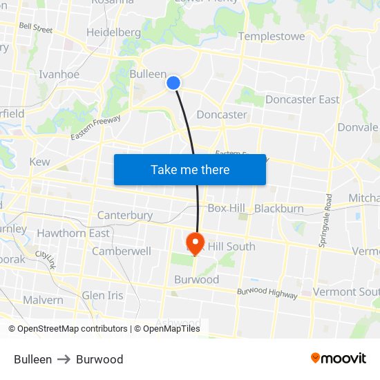 Bulleen to Burwood map