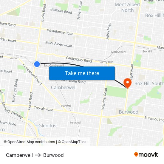 Camberwell to Burwood map