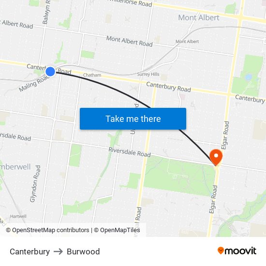 Canterbury to Burwood map