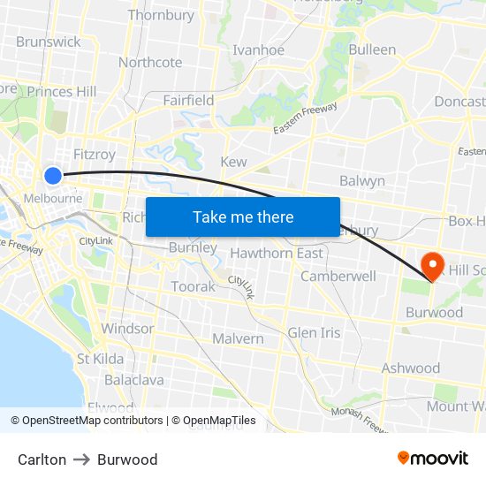 Carlton to Burwood map