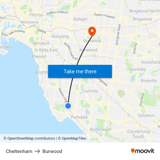 Cheltenham to Burwood map