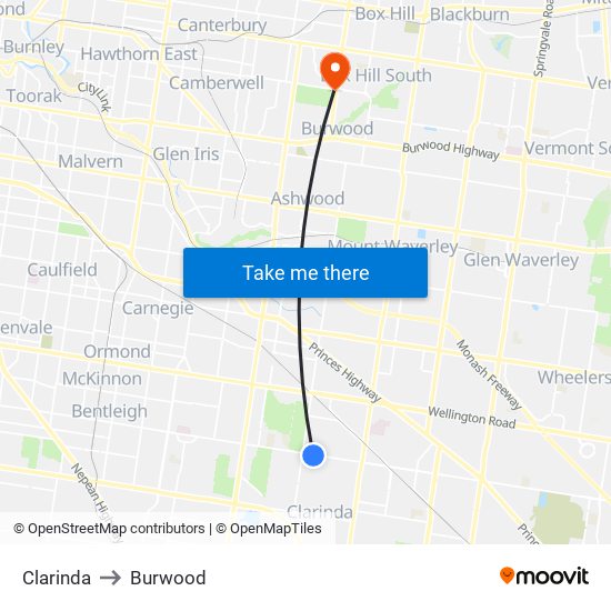 Clarinda to Burwood map