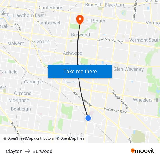 Clayton to Burwood map