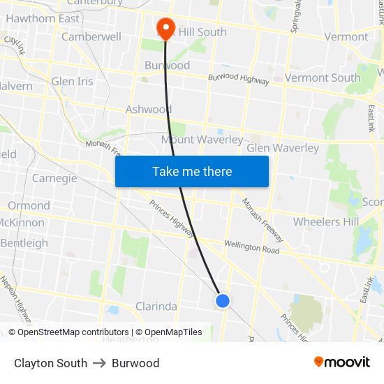 Clayton South to Burwood map