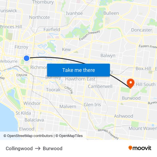 Collingwood to Burwood map