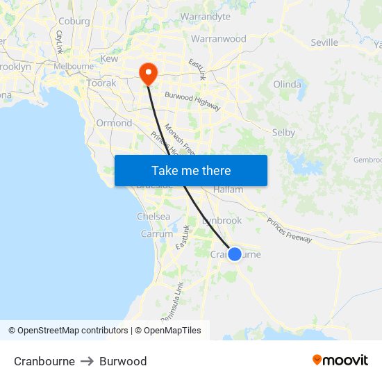 Cranbourne to Burwood map