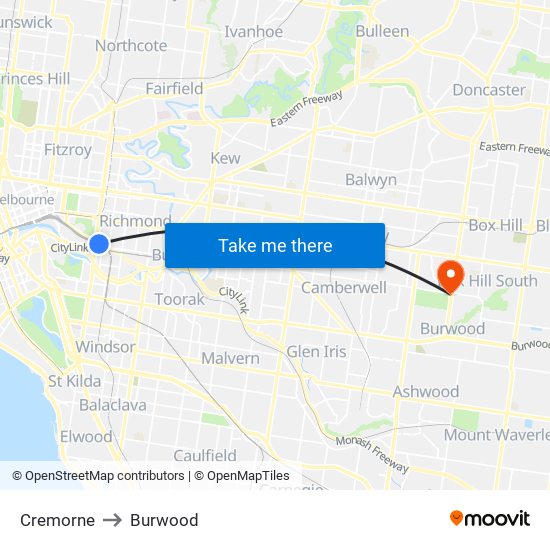 Cremorne to Burwood map