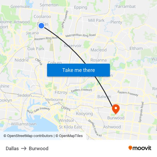 Dallas to Burwood map