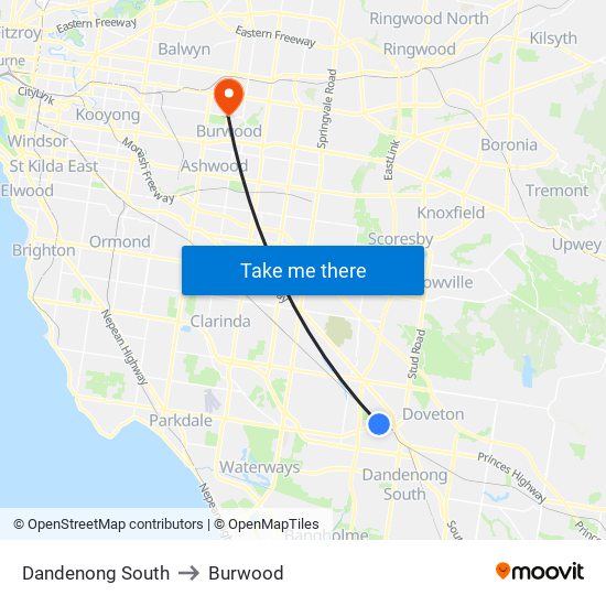 Dandenong South to Burwood map