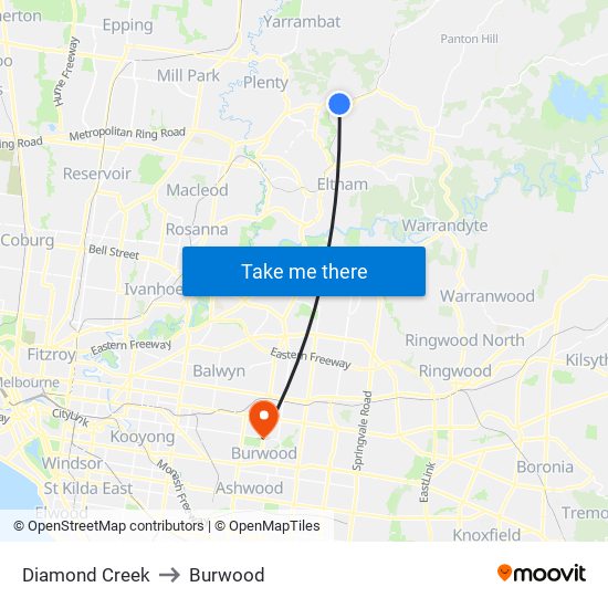 Diamond Creek to Burwood map