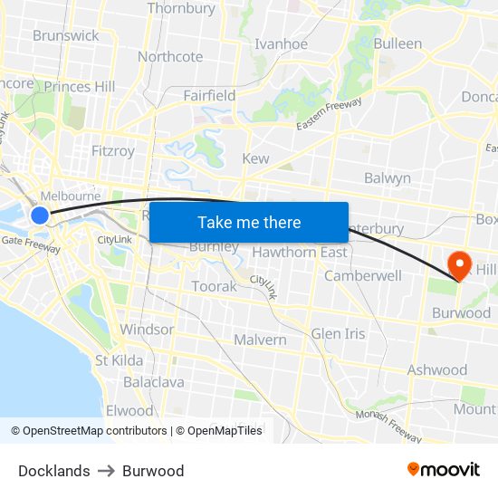 Docklands to Burwood map