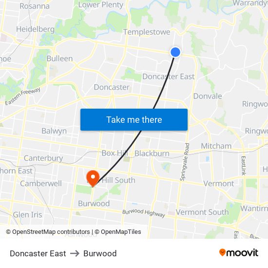 Doncaster East to Burwood map