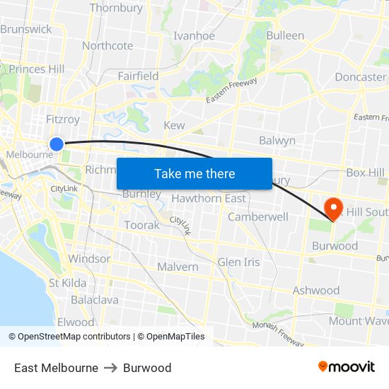 East Melbourne to Burwood map