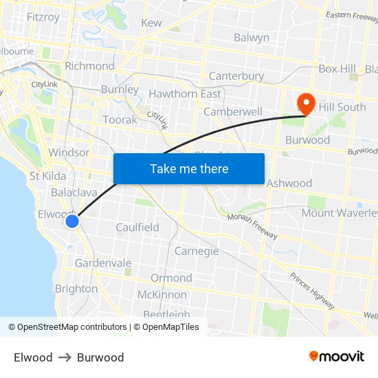 Elwood to Burwood map
