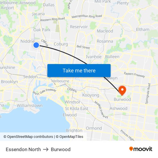 Essendon North to Burwood map