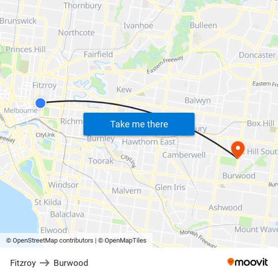 Fitzroy to Burwood map