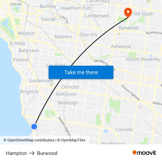 Hampton to Burwood map