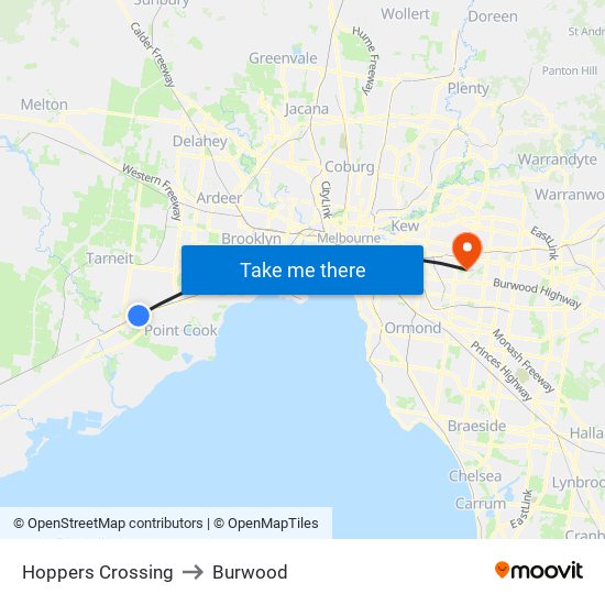 Hoppers Crossing to Burwood map